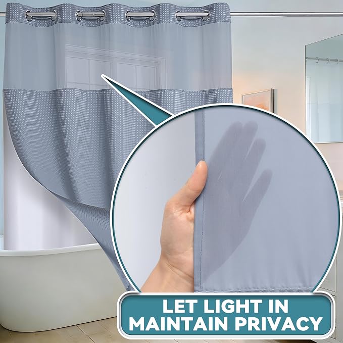 Conbo Mio Extra Long No Hook Waffle Weave Shower Curtain with Snap in Liner Set, Hotel Luxury Grey Shower Curtains for Bathroom with See Through Top Window, Waterproof, Washable 71W x 84H