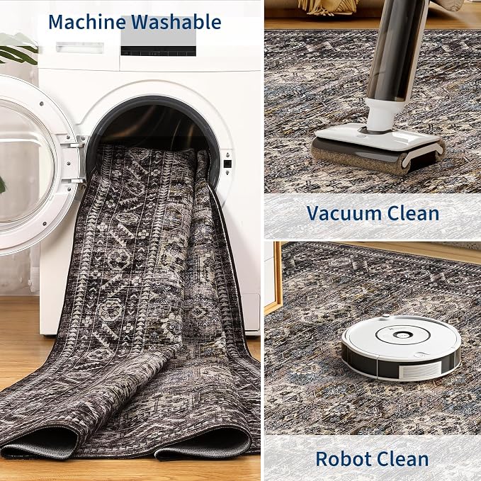 Washable Floral 2x6 Kitchen Rugs, Vintage Distressed Print Non Slip Hallway Runner, Retro Accent Ultra Thin Low Pile Throw Carpet for Entryway Bedroom Laundry Bathroom, Red Brown