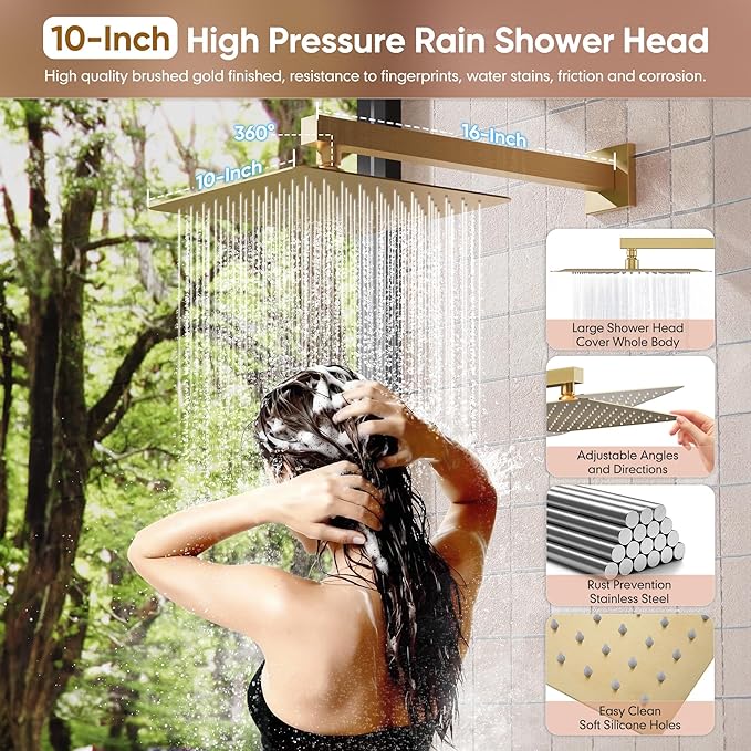 Brushed Gold Shower System, All Metal Gold Shower Faucet Set with Tub Spout, 10'' Gold Shower Head with Handheld, 59'' Shower Hose, Shower Valve and Diverter, Wall Mounted Bath Tub Faucet Set