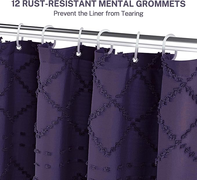 Boho Shower Curtain 84inch Dark Purple Woven Fabric Long Shower Curtain, Tufted Chevron Textured Striped 72" x 84" Modern Farmhouse Minimalist Cloth Shower Curtains for Bathroom