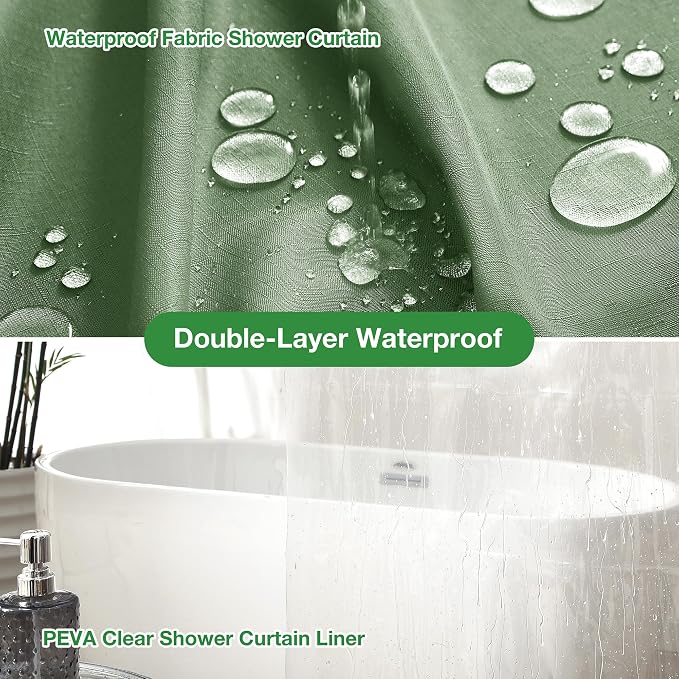 3 in 1 Shower Curtain Set, Green Shower Curtain and Liner Set with 12 Double Sided Shower Curtain Hooks, Cloth Shower Curtains for Bathroom,Waterproof, 72" W*72" H