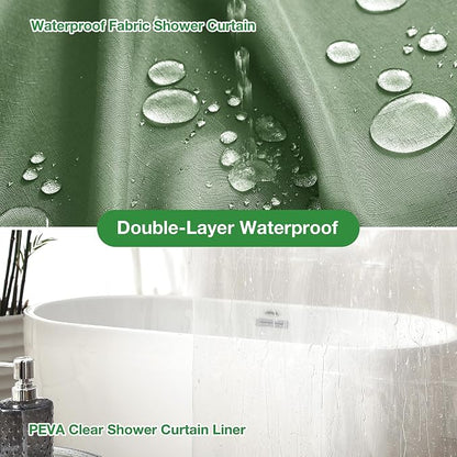 3 in 1 Shower Curtain Set, Green Shower Curtain and Liner Set with 12 Double Sided Shower Curtain Hooks, Cloth Shower Curtains for Bathroom,Waterproof, 72" W*72" H