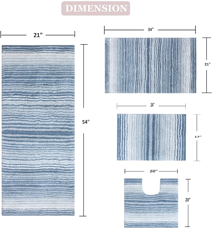 Home Weavers 100% Cotton Gradiation Collection Bathroom Décor | Washable Rug | Bathroom Mat | Kitchen Mat | Bathroom Rug Set | Bath Mat Set | Bath Floor Mat Non Slip, 4 Piece Set with Runner, Blue