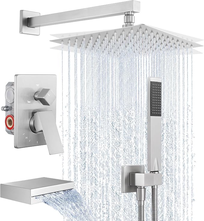 KES Bathtub Shower Faucet Set with Waterfall Tub Spout Shower System 3-Function Shower Faucets Sets Complete with 10 Inch Rain Shower Head, XB6305F18-BN