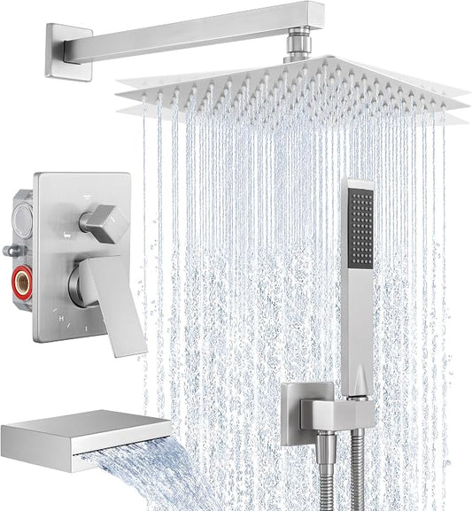 KES Bathtub Shower Faucet Set with Waterfall Tub Spout Shower System 3-Function Shower Faucets Sets Complete with 10 Inch Rain Shower Head, XB6305F18-BN