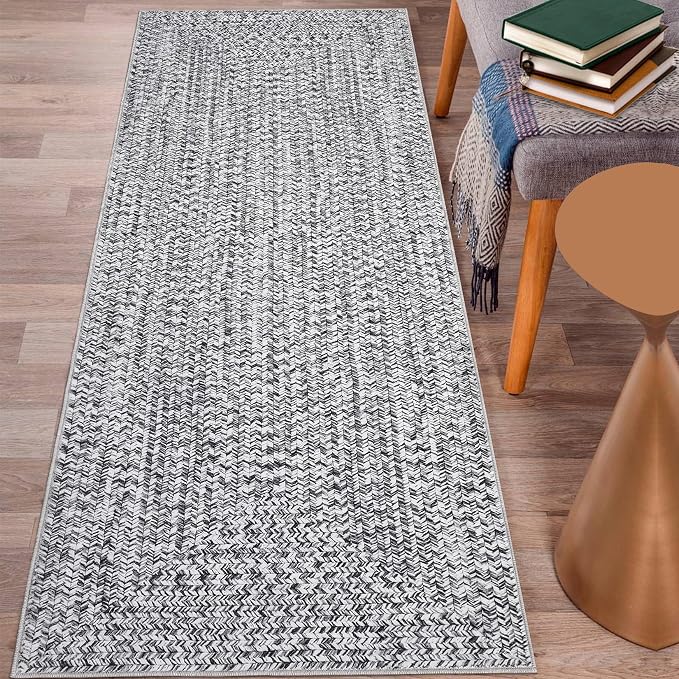 Washable Runner 2x6 for Hallways - Print Braided Non-Slip Bath Mat, Modern Soft Bedroom Rug, Farmhouse Throw, Kitchen, Entryway Stain Resistant Carpet - 2'x6' Light Grey