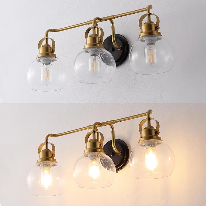 JONATHAN Y 24" Brass Gold/Oil Rubbed Bronze Shirley 3-Light Bathroom Vanity Light, Metal Wall Sconce, Clear Seeded Glass Shade, Modern Transitional Farmhouse Fixture, LED Bulbs Included (JYL7405B)