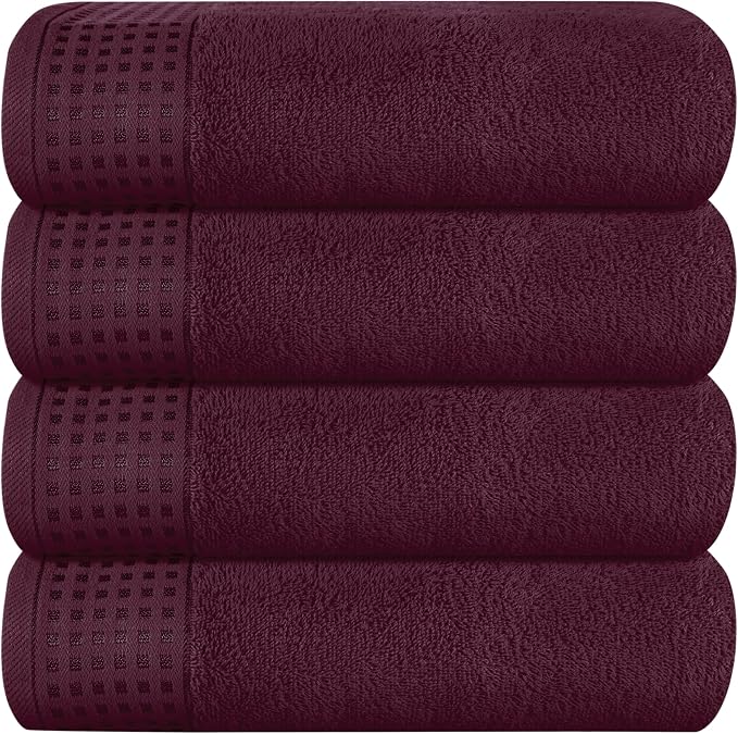 GLAMBURG Ultra Soft 4 Pack Oversized Bath Towel Set 27x54 inches, 100% Cotton Bath Towels, Highly Absorbant Compact Quickdry & Lightweight Towel, Ideal for Gym Travel Camp Pool - Burgundy