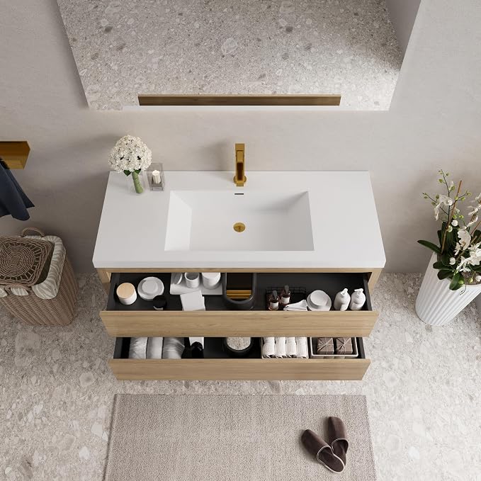 48" Floating Bathroom Vanity with Sink, Wall-Mounted Bathroom Storage Vanity Cabinet with Resin Top Basin and Soft Close Drawers, Fully Assembled, Natural Oak