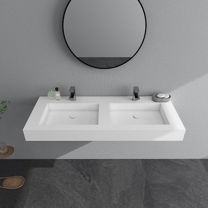 SJ STAR&JANE 48" x 19" Solid Surface Bathroom Sink, Wall Mounted Vessel Sink, Stone Resin Countertop With Double Bowl in Matte White Rectangle Double Floating Vanity Sink Durable Modern Design