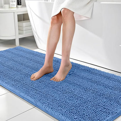 OLANLY Bathroom Runner Rugs 70x24, Soft Chenille Bath Rugs, Cornflower Blue | Rubber Backing, Machine Wash, Extra Absorbent Striped Bath Mats for Bathroom Floor, Tub and Shower, Home Decor Accessories
