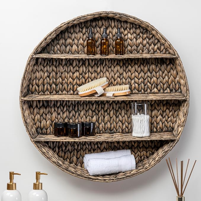 happimess Annulus 3-Shelf Circular Hyacinth Wall Rack 24.6", Brown | Bohemian Coastal Decor For Entryway Bathroom Bedroom Living Room, Iron Frame, 22 Pounds Weight Capacity, Handwoven Artisanal