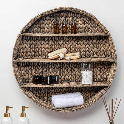 happimess Annulus 3-Shelf Circular Hyacinth Wall Rack 24.6", Brown | Bohemian Coastal Decor For Entryway Bathroom Bedroom Living Room, Iron Frame, 22 Pounds Weight Capacity, Handwoven Artisanal
