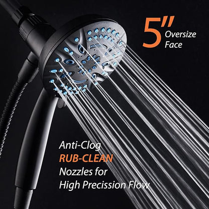 AquaCare Magneton 8-Mode High Pressure Handheld Shower Head with 2 Brackets | Space-age Magnetic Guidance Docking, Giant 5-inch Face with Hygienic Jets, Extra-long 6 ft. Stainless Steel Hose / Black