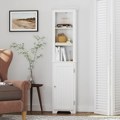 UTEX 64" Freestanding Storage Cabinet, Bathroom Tall Silm Cabinet with Doors and Adjustable Shelves, Free Standing Linen Tower, Home Storage Furniture, White