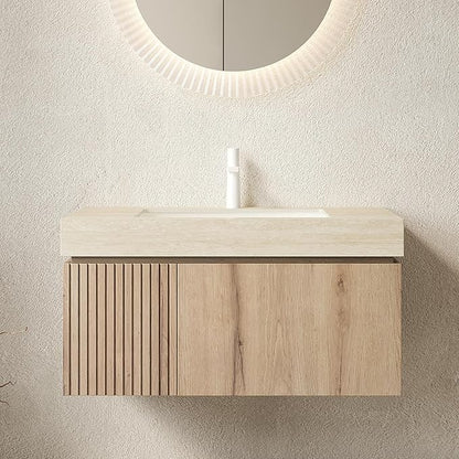 36” Floating Bathroom Vanity with Sink, Wall-Mounted Cabinet with Drawer & Doors, Roma Travertine-Pattern Countertop, Undermount Basin, Single Faucet Hole, Soft-Close, Pre-Assembled, Light Oak