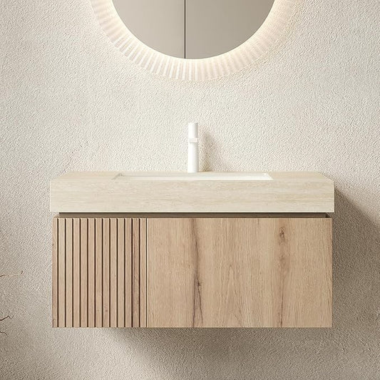 36” Floating Bathroom Vanity with Sink, Wall-Mounted Cabinet with Drawer & Doors, Roma Travertine-Pattern Countertop, Undermount Basin, Single Faucet Hole, Soft-Close, Pre-Assembled, Light Oak