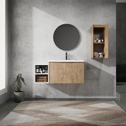 Henf 42" Floating Bathroom Vanity with Sink for Compact Space, Brown Wall Mount Bathroom Vanity Cabinet with Sink Combo, 42 Inch Bathroom Vanities Set with Open Storage Shelf & Side Cabinet
