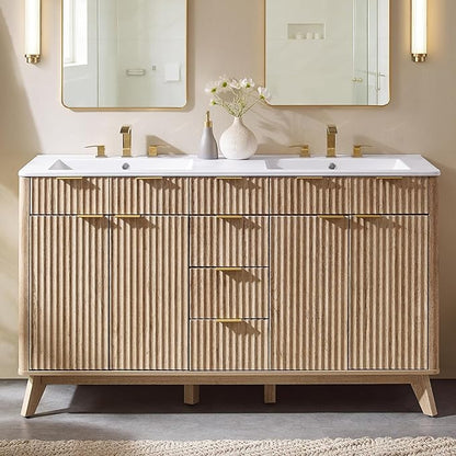 T4TREAM 60" Fluted Bathroom Vanity with Resin Sink Combo，Freestanding Modern Bathroom Storage Vanity Cabinet with Soft Closing Doors & 3 Drawers，Wood Grain Texture，Metal Handle，Natural Oak