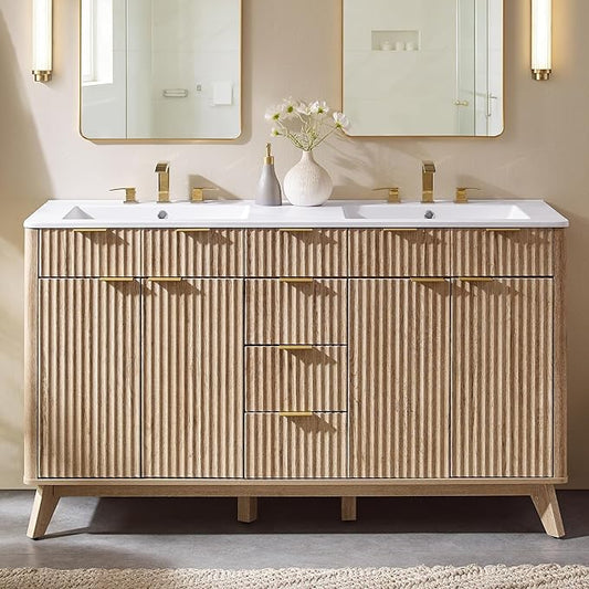 T4TREAM 60" Fluted Bathroom Vanity with Resin Sink Combo，Freestanding Modern Bathroom Storage Vanity Cabinet with Soft Closing Doors & 3 Drawers，Wood Grain Texture，Metal Handle，Natural Oak