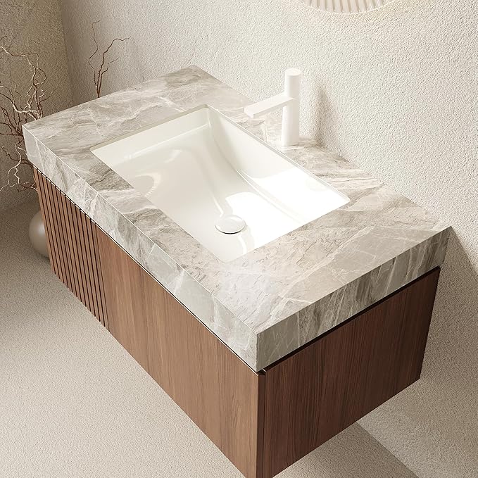 KEIKI 36 Inch Floating Bathroom Vanity with Sink, Modern Wall Mounted Storage Cabinet with Drawer, Pre-Assembled Waterproof Wood Panels, Sintered Stone Top & Ceramic Basin Combo Set, Brown Oak & Grey