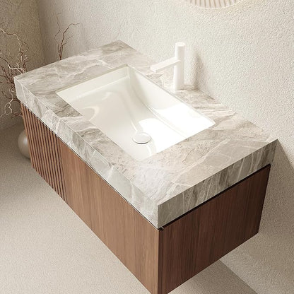 KEIKI 36 Inch Floating Bathroom Vanity with Sink, Modern Wall Mounted Storage Cabinet with Drawer, Pre-Assembled Waterproof Wood Panels, Sintered Stone Top & Ceramic Basin Combo Set, Brown Oak & Grey