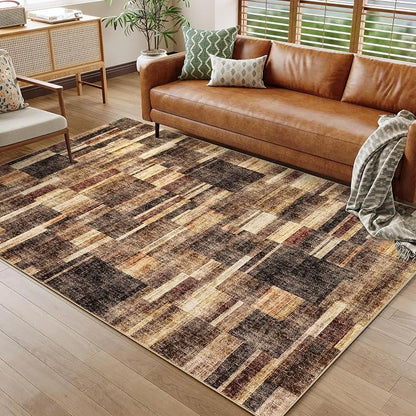 Large Living Room Area Rug 8x10 - Machine Washable Modern Rugs Geometric Brown Rug Non Slip Non-Shedding Low Pile Farmhouse Carpet for Bedroom Nursery Classroom Dorm 8'x10' Brown