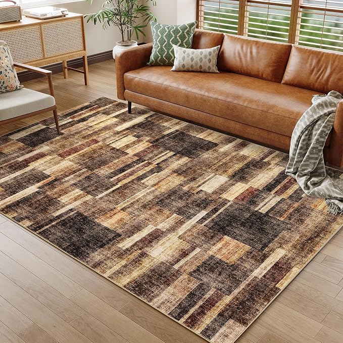 Washable Rug 9x12 Area Rug for Bedroom Geometric Modern Living Room Rug Farmhouse Non Slip Large Area Rug Soft Throw Rugs Stain Resistant Carpet for Dining Room Nursery Brown 9'x12'