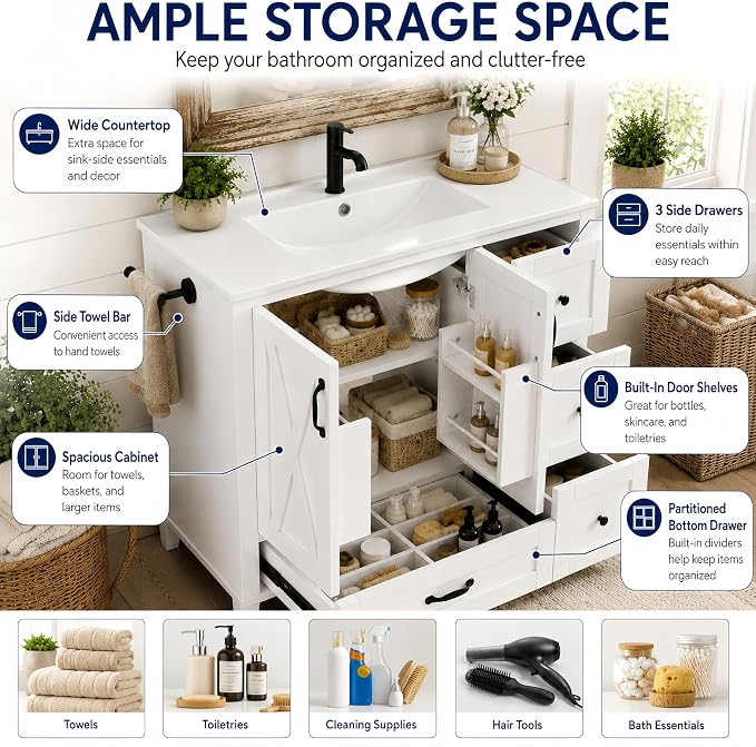 Bellemave 36" Bathroom Vanity with Sink, Bathroom vanities, Grey Bathroom Vanity with Drawers, Sink Cabinet, White, 36"