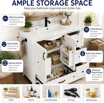 Bellemave 36" Bathroom Vanity with Sink, Bathroom vanities, Grey Bathroom Vanity with Drawers, Sink Cabinet, White, 36"