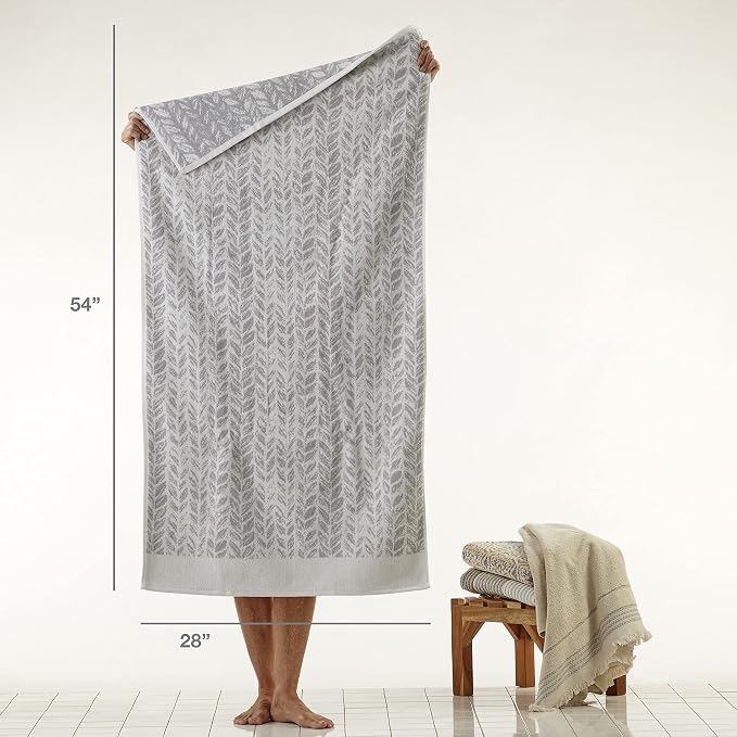 SKL Home Distressed Leaves Bath Towel Set-4pc, 100% Turkish Cotton, Gray | 2 Bath towels, 2 hand towels. 600 GSM weight. Spa-level quality. Soft & absorbent, reversible jacquard.