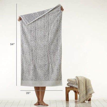 SKL Home Distressed Leaves Bath Towel Set-4pc, 100% Turkish Cotton, Gray | 2 Bath towels, 2 hand towels. 600 GSM weight. Spa-level quality. Soft & absorbent, reversible jacquard.