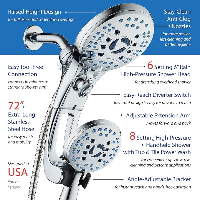 AquaCare 50-mode High Pressure Shower Head Combo with Arm & Dual Power Wash | Hygienic Jets, 2-mode Handheld Power Wash for Tub, Tile & Pets, Long 6 ft. Stainless Steel Hose, Extra Wall Bracket / Chrome