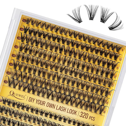 QUEWEL Lash Clusters 320Pcs 30D+40D C Curl Lash Cluster Eyelash Extensions | Cluster Lashes Mix9-16mm Individual Eyelashes Clusters Wispy Lash Clusters Thin Band Soft to Use at Home(30D+40D C Mix9-16)