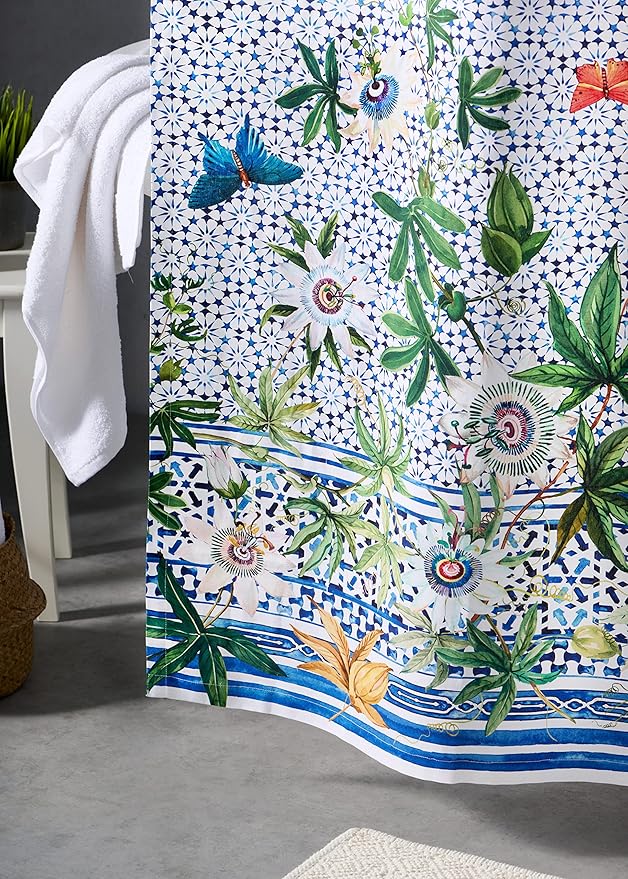 Maison d' Hermine Shower Curtain 100% Cotton One Panel 70"x72" Washable Fabric Shower Curtains for Bathroom, Easy Hanging with 12 Button Holes - Home Hotel Spa Easter Gifts (Passiflora)