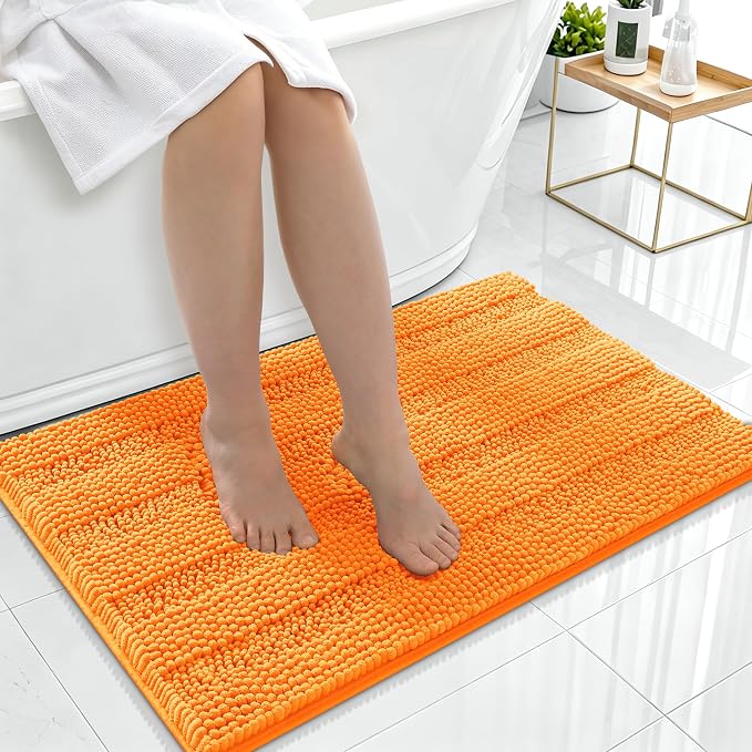 Smiry Thick Chenille Bathroom Rugs 36x24, Soft Absorbent Bath Mat, Orange | Quick‑Dry & Machine Washable, Non‑Slip Bath Carpet, Striped Bath Rugs for Tub & Shower, Modern Home Decor Accessories