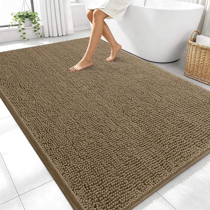 OLANLY Large Bathroom Rugs 70x46, Extra Soft Absorbent Chenille Bath Rugs | Tan, Quick-Drying Rubber Backing, Machine Washable Bath Mat for Bathroom Floor, Tub and Shower, Home Decor Accessories