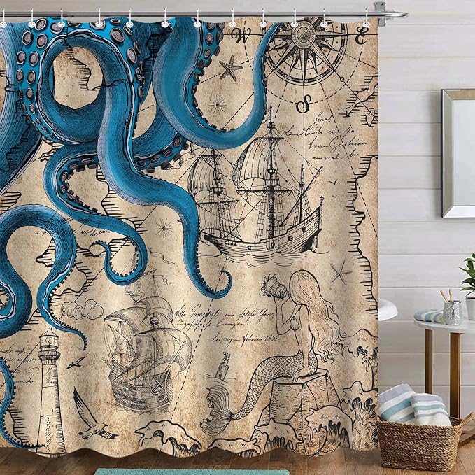 Fungarth Long Vintage Nautical Octopus Shower Curtain Navy Blue Mermaid Funny Ocean Kraken Shower Curtains for Bathroom Cool Anchor Coastal Map Waterproof Fabric Bath Curtain Decor (Retro, 72” x 78”)