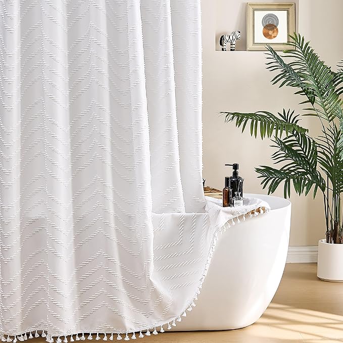 Siiluminisoy Boho Shower Curtain White Tassel Woven Fabric Shower Curtain 71 x 72 Modern Farmhouse Textured Tufted Chevron Striped Minimalist Bathroom Shower Curtains