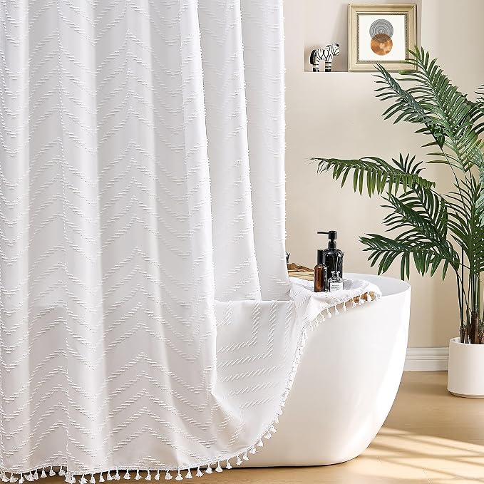 Siiluminisoy Stall Boho Shower Curtain White Tassel Woven Fabric Shower Curtain 54 x 72 Modern Farmhouse Textured Tufted Chevron Striped Minimalist for Bathroom, Closet Door