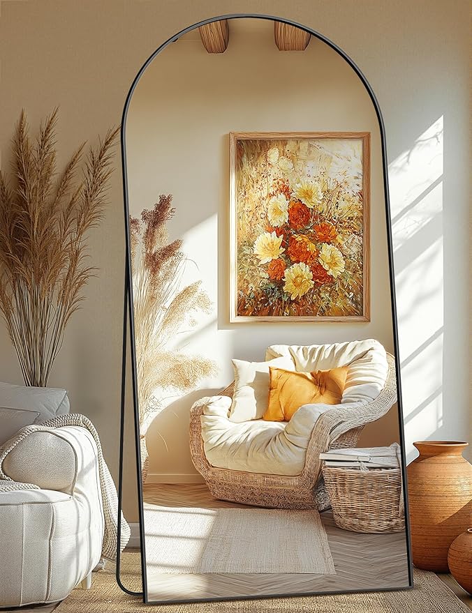 Arched Full Length Mirror, 75"x35" Standing Body Mirror for Wall, Black | Built-in Stand, HD Shatterproof Glass, Aluminum Alloy Frame, Hanging or Standing, for Bedroom, Living Room & Dressing Room