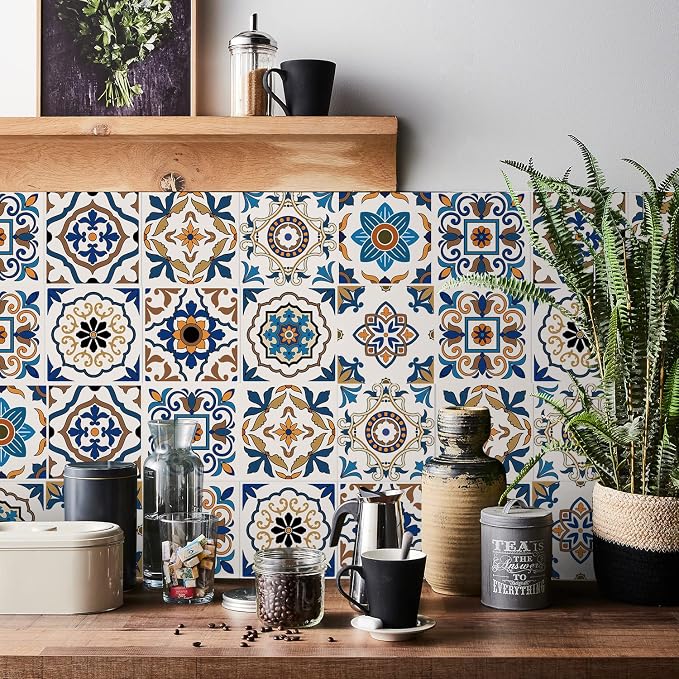 Easy Peel Stick Vinyl wall Tile Decals 4x4in Stick on backsplash,24Pc | Waterproof&heat resistant tile stickers for kitchen RV laundry backsplash decor,remove no damaging wall,rustic style