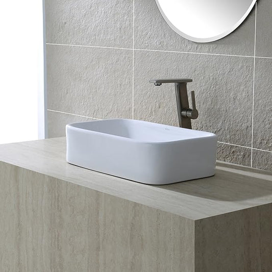 Kraus KCV-122-SN Ceramic Above counter Rectangular Bathroom Sink, 19.44 x 11.84 x 5 inches, Satin Nickel/White