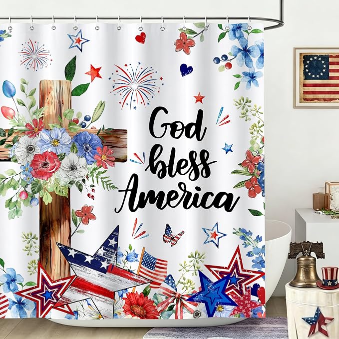 4th of July Shower Curtain Patriotic Red White and Blue Floral Star Shower Curtains Waterproof Bath Curtains with 12 Hooks for Memorial Day Independence Day Home Bathroom Decor, 72 x 72 Inches