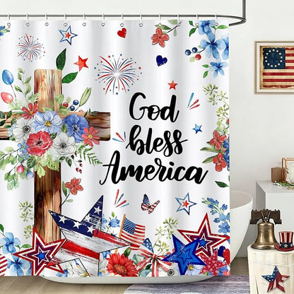 4th of July Shower Curtain Patriotic Red White and Blue Floral Star Shower Curtains Waterproof Bath Curtains with 12 Hooks for Memorial Day Independence Day Home Bathroom Decor, 72 x 72 Inches