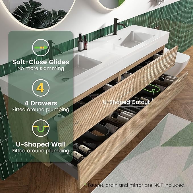 72" Floating Bathroom Vanity with Sink Combo, Modern Floating Double Sink Bathroom Vanity with Engineered Stone Tops & 4 Soft-Closing Drawers, Large Storage for Powder Room, Apartment, Rough Oak