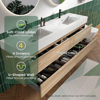 72" Floating Bathroom Vanity with Sink Combo, Modern Floating Double Sink Bathroom Vanity with Engineered Stone Tops & 4 Soft-Closing Drawers, Large Storage for Powder Room, Apartment, Rough Oak