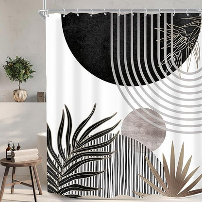 Mid Century Black Gray Boho Abstract Modern Bathroom Shower Curtain Set | 60Wx72L S Plant design, waterproof HD print with fast-drying fabric and 12 hooks.
