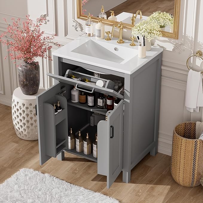 24" Bathroom Vanity with Sink, Modern Bathroom Vanity 24 Inch with Sink, 24 Bathroom Sink Vanity with Flip Drawer, Cabinet and Door Shelves, 24" Vanity with Sink for Bathroom (Grey)