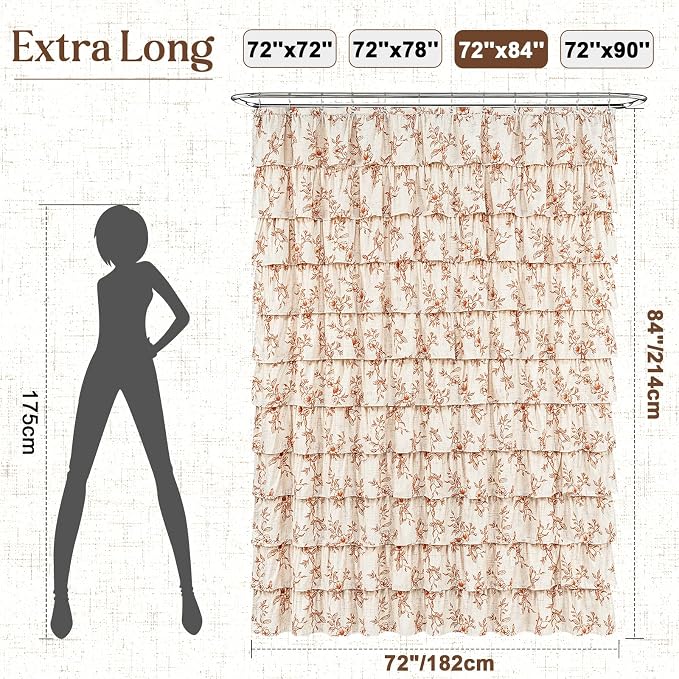 Fall Extra Long Ruffle Shower Curtains for Bathroom with Floral, 72"Wx84"L | Orange Floral Print, Ruflle Design, 12 Metal Hooks, Vintage Rustic Washable Waterproof Shower Curtain for Bathroom Bathtub